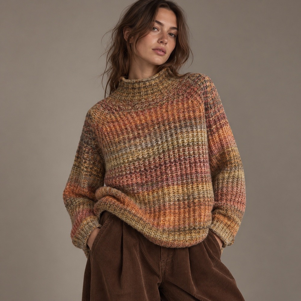Oversized Multicolor Chunky Knit Sweater M Mock Neck Boho Earthy Cabincore Cozy